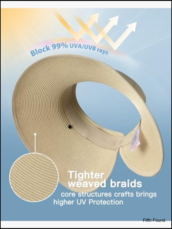 Wide Brim Straw Sun Hat UPF 80+ Foldable Packable Adjustable Ponytail Opening